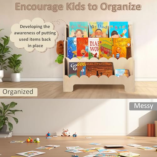 Tohiasen 3-Tier Kids Wooden Bookshelf, Scalloped Nursery Book Storage, Anti-Tip Design