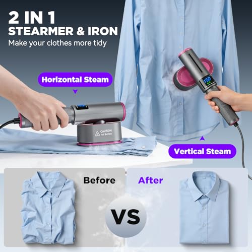 HORTIGRACE Grey 2-in-1 Travel Garment Steamer & Iron, Portable Compact Design