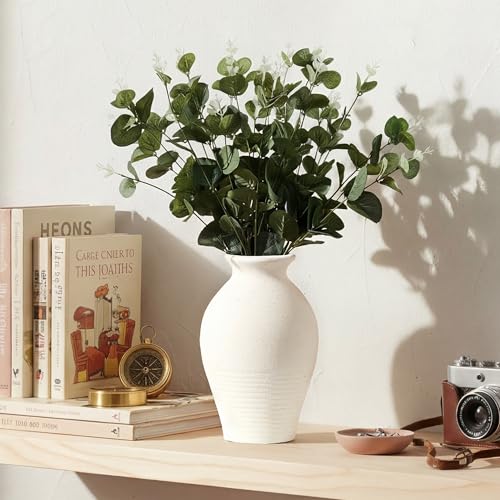Off-White Ceramic Farmhouse Vase 9.2 Inch Rustic Whitewashed Terracotta