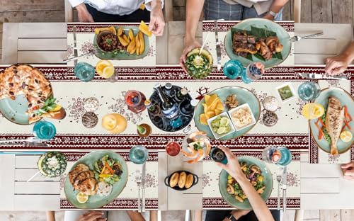 FOREVER QUEEN 7-Piece Christmas Table Runner & Placemats Set Reindeer Snowflakes