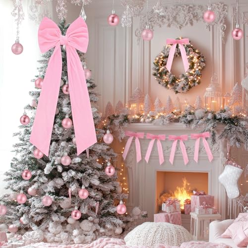 Gejoy Pink Velvet Christmas Tree Decoration Set with 47 x 15.7 Inch Large Topper Bow, 30 Small Velvet Bows & 36 Ornaments
