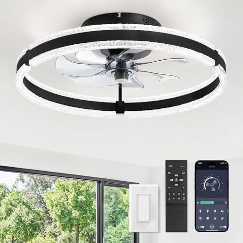 20-Inch Ceiling Fan with Lights and Remote - Black Low Profile Modern Flush Mount