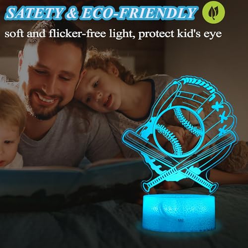 Baseball Night Light, Baseball Player Gifts, 3D Illusion Lamp with 16 Colors Changing, Remote Control with Timer, Dim Function, Birthday Xmas Holiday Gift for Boys and Girls