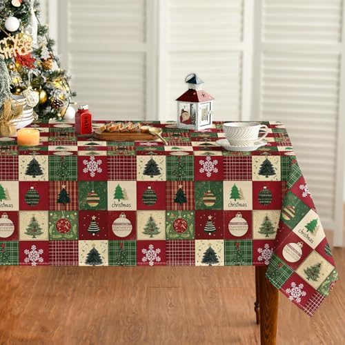 Horaldaily Christmas Tablecloth 60 x 120 Inch Rectangular Green Tree Snow - Red Variant