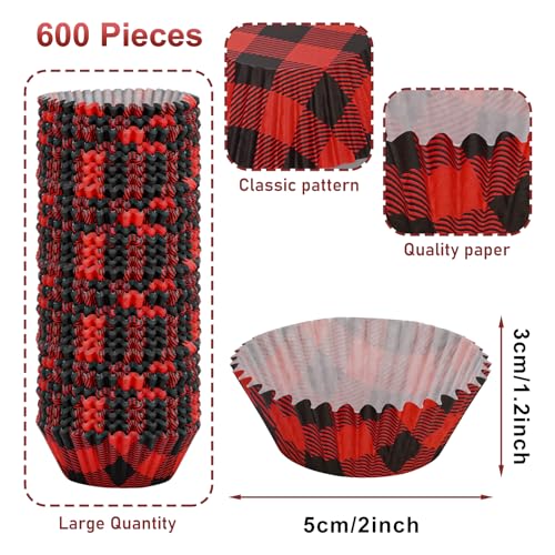 Whaline 600pcs Christmas Buffalo Plaid Cupcake Liners 2 x 1.2 inch, Holiday Paper Baking Cups for Xmas Party