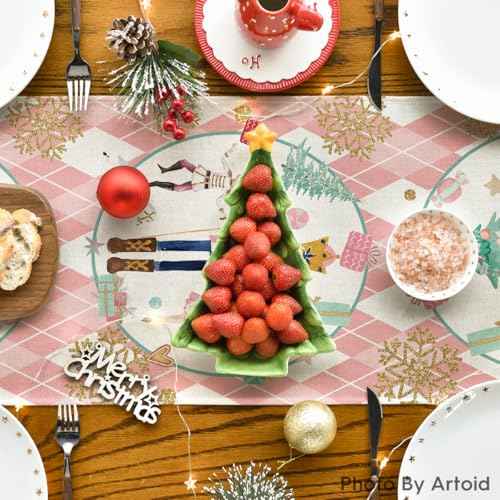 Artoid Mode Pink Diamond Plaid Nutcracker Snowflake Christmas Table Runner, Seasonal Winter Kitchen Dining Table Decoration for Home Party Decor 13x72 Inch
