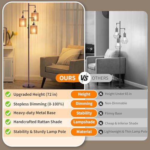 72-Inch Boho Rattan Tree Floor Lamp - Brown, Dimmable Standing Lighting with Oil-Rubbed Bronze + Light Brown Variation
