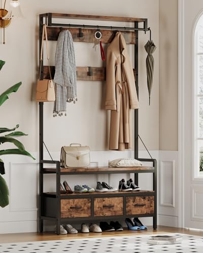 Entryway Hall Tree with Bench, Shoe Storage, 16 Hooks & 3 Drawers