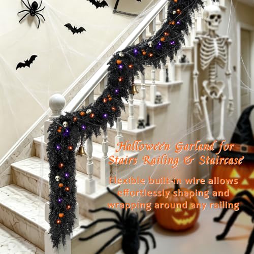 Black Halloween Cedar Garland - 9ft Faux Foliage with Purple Lights - Variation of THIS listing