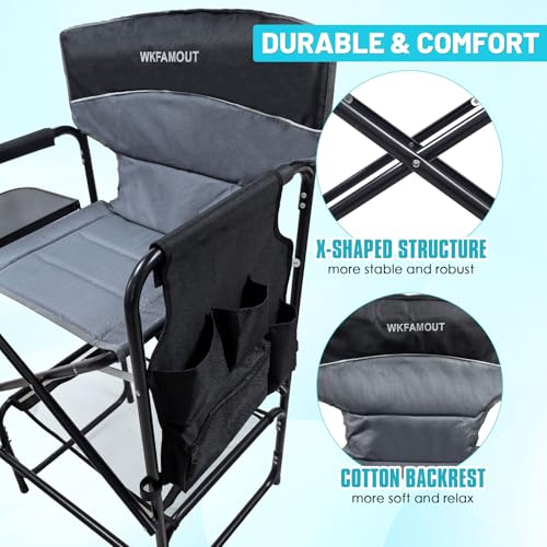 Grey Tall Folding Director Chair 30.7" Seat Height with Side Table & Carry Bag
