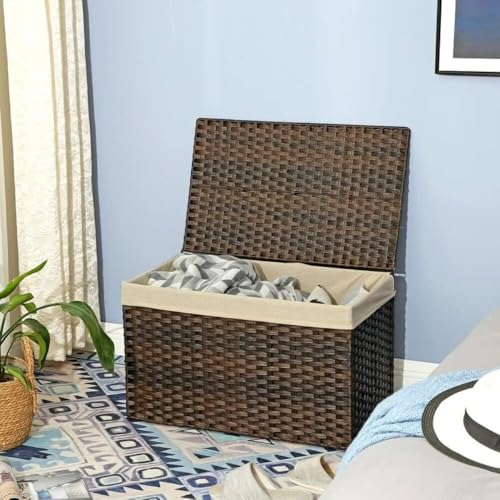SONGMICS 160L Woven Storage Basket with Lid, Foldable, Brown