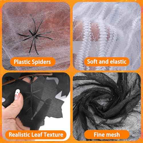 RunNico Halloween Gauze Fireplace Mantel Decorations Kit, Black Maple Leaf Garland, Spider Cloth Fireplace Mantel Scarf with Fake Bats for Halloween Decor and Horror Themed Party Supplies
