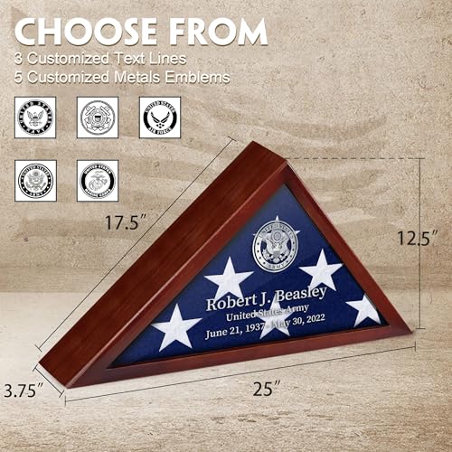 Personalized Burial Flag Display Case - Red Mahogany Wood with Custom Name & Date