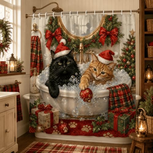Christmas Cat Shower Curtain 72x72 Inch Waterproof Polyester with Cats in Bubble Bath - Holiday Pet Bathroom Decor, Includes 12 Hooks - Christmas Cat Bath Variant