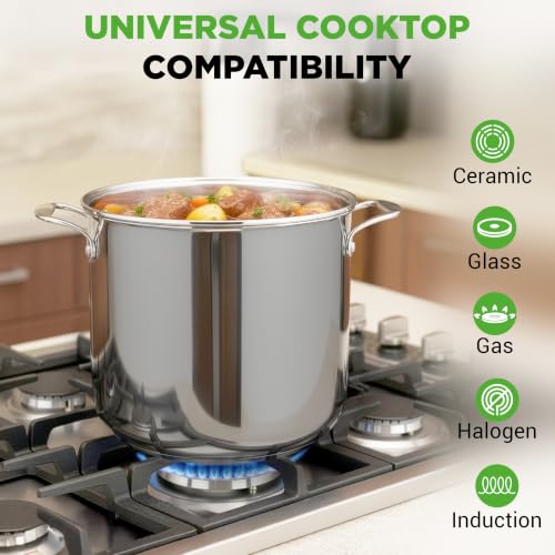 NutriChef 15-Quart Stainless Steel Stock Pot with Glass Lid, Induction Compatible