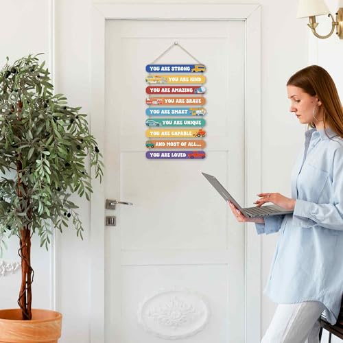 MONALET Inspirational Construction Cars Wall Art Decor for Boys Room Nursery Baby Kids Playroom Bedroom Door, Motivational Hanging Wood Signs Decorations, Positive Affirmations Wooden Plaque, 12x19