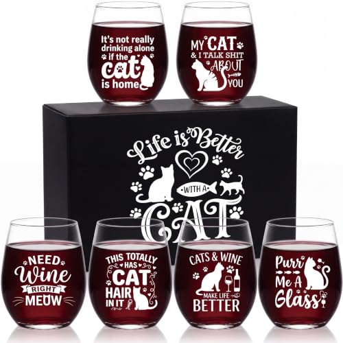 Rtteri 6-Pack 20oz Cat Stemless Wine Glasses - Cat Lover Gift Set