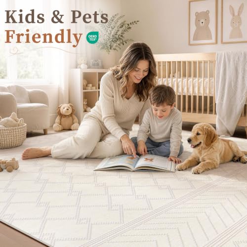 Washable Area Rug 8x10 Beige Moroccan Pattern Non-Slip Living Room Carpet