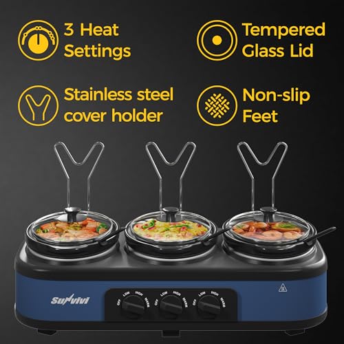 SUNVIVI Blue Triple Slow Cooker with 3 Removable Ceramic Pots & Glass Lids