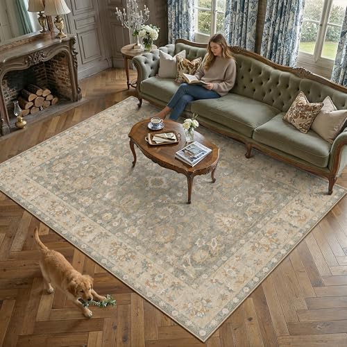 Large 8x10 Brown Neutral Vintage Area Rug - Distressed Floral Design, Non-Slip, Machine Washable