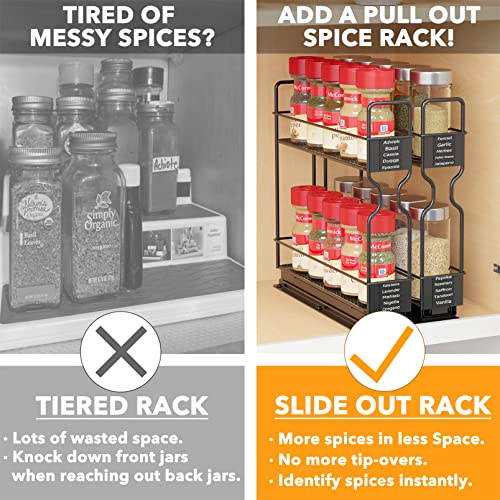 Pull Out Spice Rack Organizer for Cabinets - 2-Tier, Heavy Duty Slide Out with Labels, 5.2 W x 10.75 D x 10 H, Two 2-W Drawers