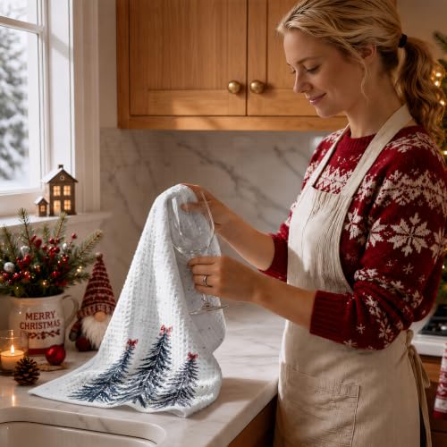 JIUWEIHU 4 Pcs Blue Christmas Kitchen Towels Winter Xmas Tree Dish Cloths Multi 0346