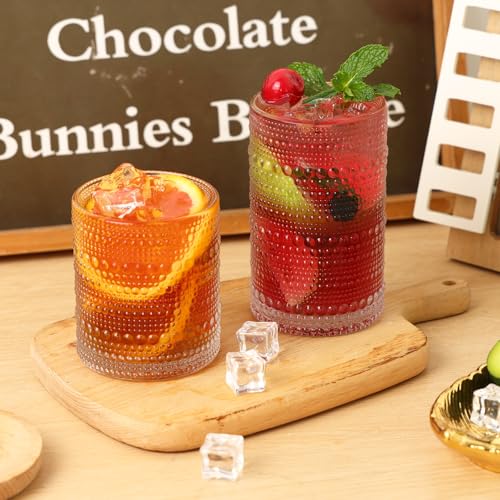 16PCS Clear Hobnail Drinking Glasses Set - 8 Highball (12oz) & 8 Cocktail (10oz) Vintage Water Cups