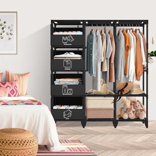 Jofuler Black 50 Inch Portable Closet Wardrobe with 4 Baskets & 2 Hanging Rods