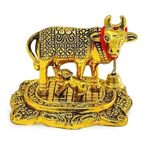 NOBILITY Pooja Items Diwali Gift Golden Small Kamdhenu Cow with Calf Metal Statue Decorative Item Showpiece for Home Office Decoration Wedding Return Gifts