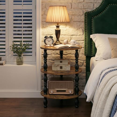 Round 3-Tier Side Table - Modern Oval Nightstand for Living Room & Bedroom - Rustic Brown