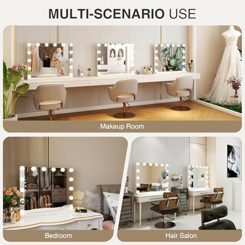 Vanity Makeup Mirror with Lights - 3 Color Modes, Dimmable LED, 10X Magnification, White, 15.7"L x 20.5"W