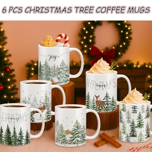 Didaey Christmas Tree Mug Set with Pine Tree Design, 6 Pack, 12oz Ceramic Holiday Coffee Cups