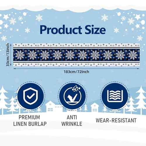 72 x 13 Inch Christmas Table Runner ? Blue and Black Buffalo Plaid with White Snowflake Pattern for Winter Holiday, Kitchen, Dining Table, Mantel, Xmas Party Decorations