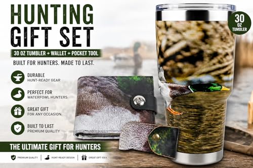Duck Hunting Tumbler 30oz Gift Set with Leather Wallet & Pocket Tool - Mallard Edition