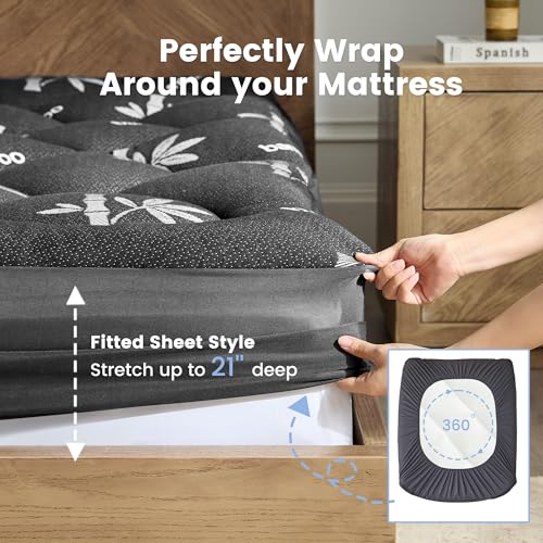 Queen Mattress Topper Black - Thick Viscose Bamboo Pillow Top, Deep Pocket Fit