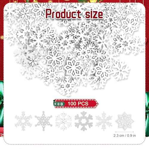 100pcs Mini Snowflake Ornaments, 0.9in Tiny Wooden Snowflakes Christmas Snowflake Decorations Snow Shaped Decors for DIY Craft Xmas Tree Winter Party Home Decoration (White)