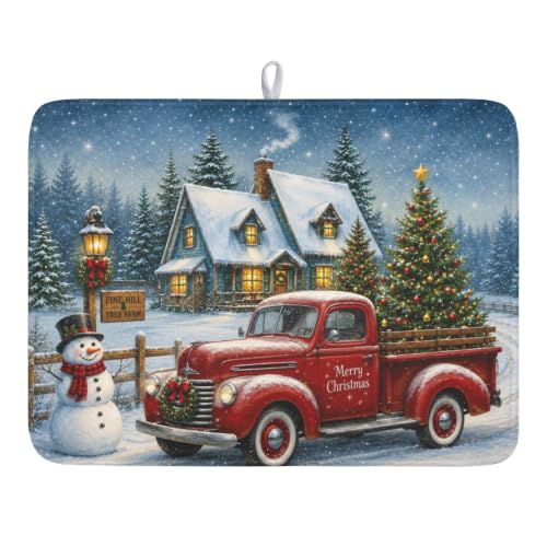 ABSOP Xmas Truck Snowman Dish Drying Mat 18x24 Inch - Microfiber Kitchen Counter Protector