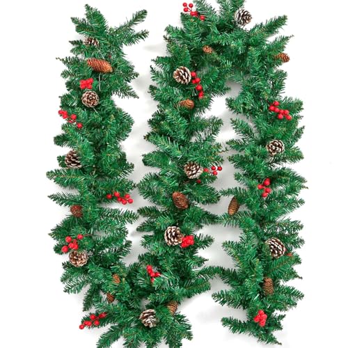 VHUWE 9 Ft Artificial Christmas Garland with Pine Cones & Red Berries - P+B
