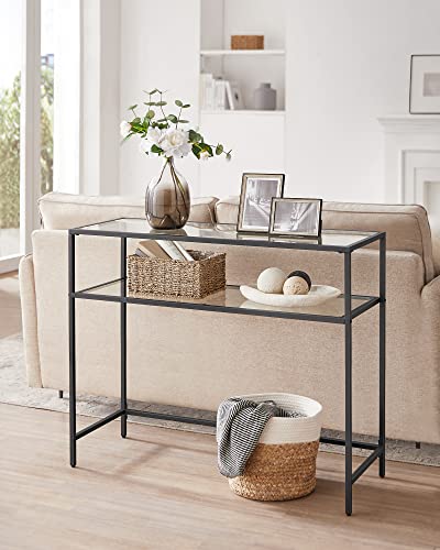 Black 39.4 Inch Console Sofa Table with Tempered Glass Shelves - Glam Style
