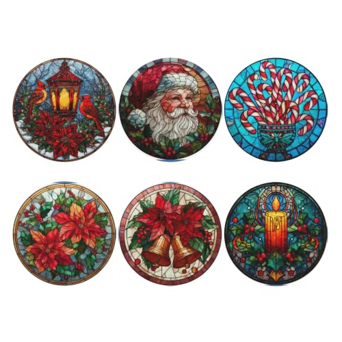 Christmas Coasters for Drinks with Holder Round Leather Set of 6 Cups