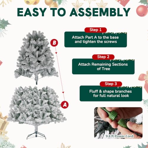 NEWBULIG 4.5 Ft Pre-Lit Snow Flocked Christmas Tree, 8-Mode LED Lights