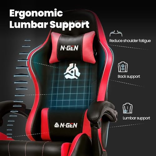 N-GEN Gaming Chair with Footrest, Lumbar Support, High-Back, Red Black Variation