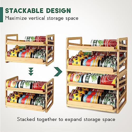 Stackable Bamboo Can Organizer Rack for 24 Cans with Automatic Filling - Kitchen Storage