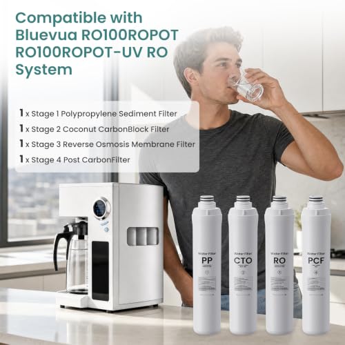 4 Pack Water Filter Set for RO100ROPOT & UV Reverse Osmosis Systems - Compatible with Bluevua