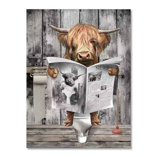 Animal Bathroom Wall Decor Highland Cow Canvas Art Farmhouse Artwork for Walls Cow Bathroom Picture Sitting in Toilet Reading Newspaper Painting Restroom Decoration