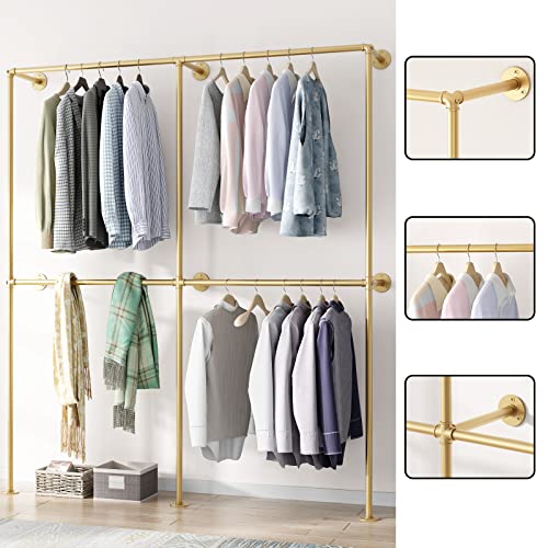 71-Inch Gold Wall Mount Clothing Rack Heavy Duty Pipe Garment Rod for Closet & Retail