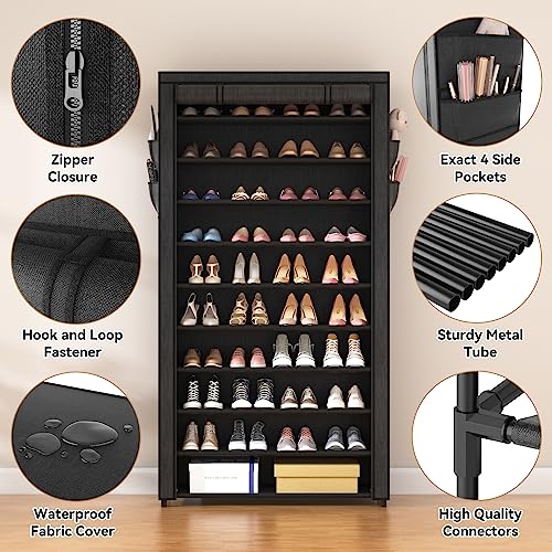 Black 10-Tier Shoe Rack with Dustproof Cover, Large Capacity Organizer