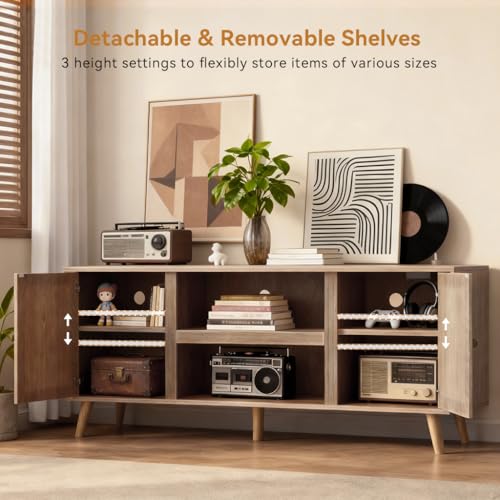 Natural Rattan TV Stand for 65 Inch TVs with Charging Station, Mid Century Modern Entertainment Center, Boho Media Console with Storage & Shelves - 59"