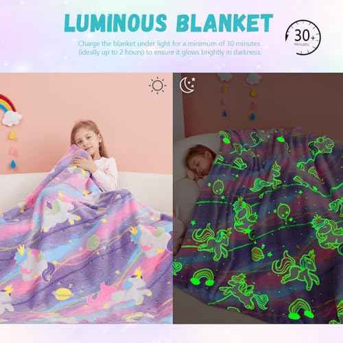 Unicorns Gifts Toys for Girls,Glow in The Dark Unicorns Blanket, Birthday Presents Decor for Kids Age 3-14 Year Old Daughter Teen Child Toddler Luminous Christmas Bedroom Throw Blanket 50"x60"