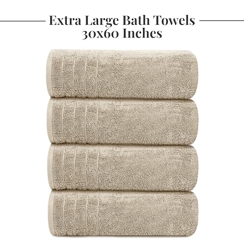 Extra Large Beige Bath Towels 4 Pack 30 x 60 Inches - Soft Cotton, Lightweight